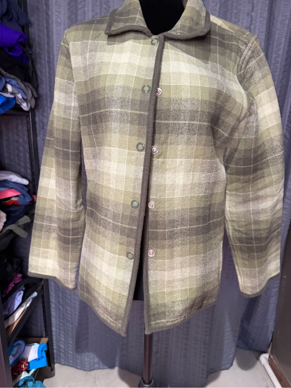 Women's Plaid Olive Green Button-Front Pea Coat
